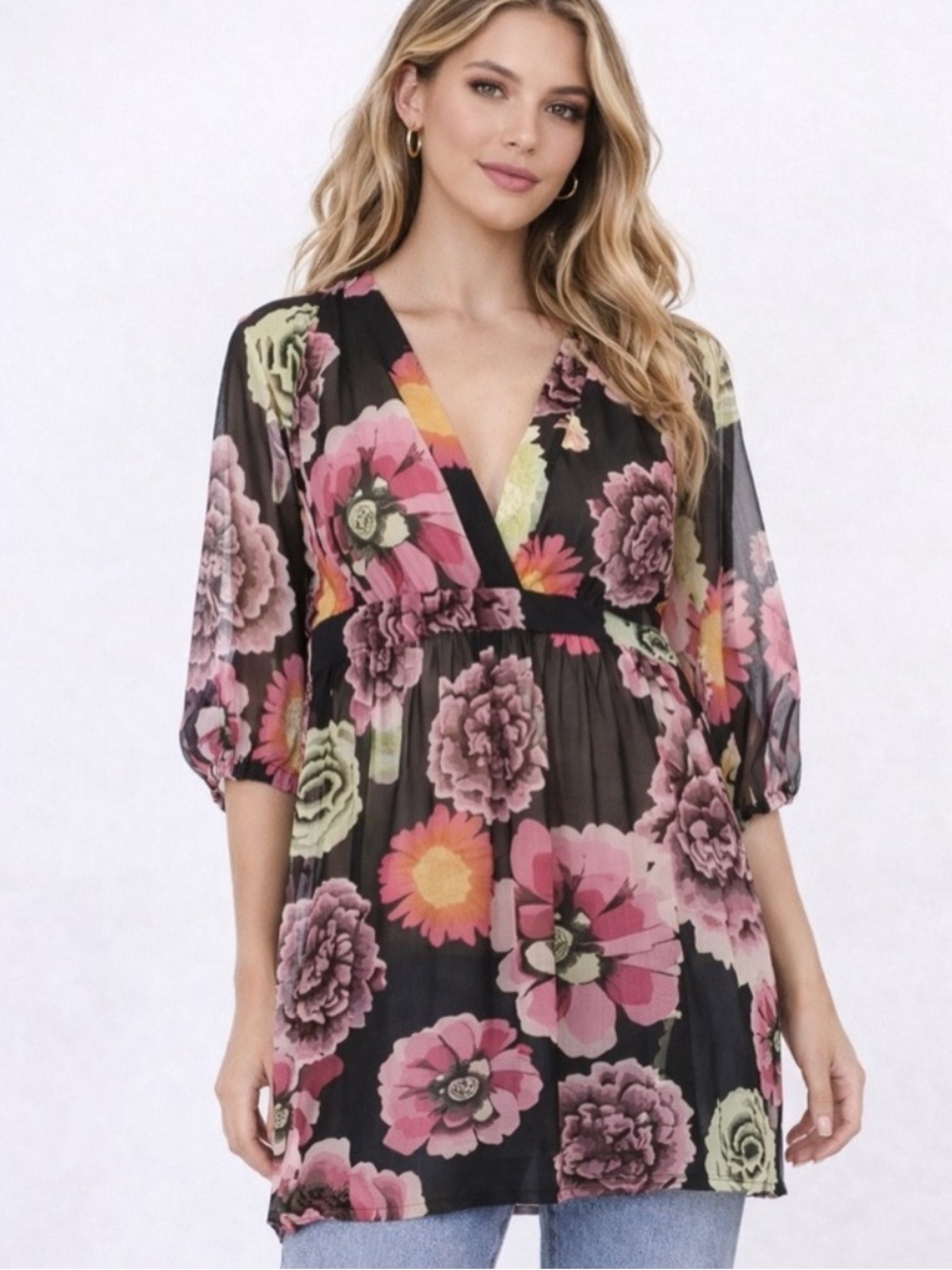 New Cabi Gemini Floral Sheer Tunic Top